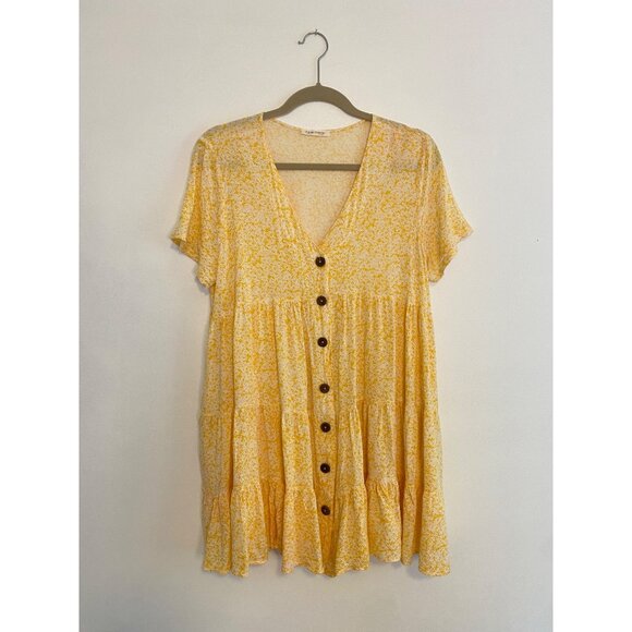 Yellow Floral Button Up Tiered Mini Dress By Carole Christian - Women's Size M - Picture 1 of 6